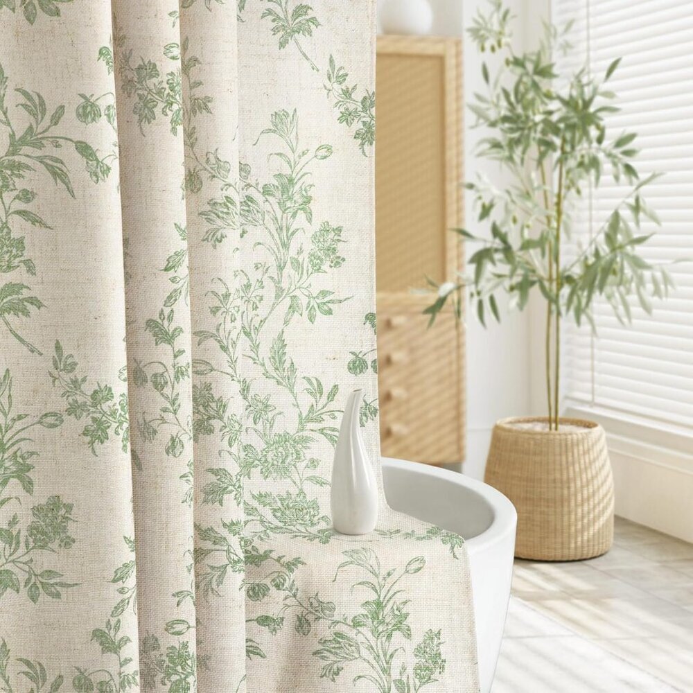 Beige Linen Shower Curtain,Sage Green Cotton Floral Cottagecore Spring Shower Cu - Picture 5 of 6
